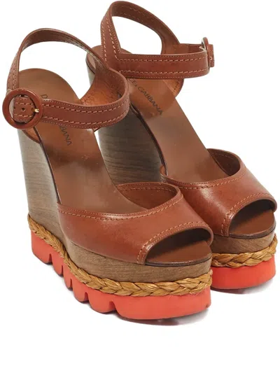 Pre-owned Dolce & Gabbana Platform Wedge Sandals In Brown