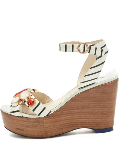 Pre-owned Sophia Webster Suki Gem Striped Wedge Sandals In White