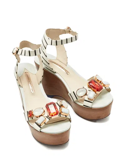 Pre-owned Sophia Webster Suki Gem Striped Wedge Sandals In White