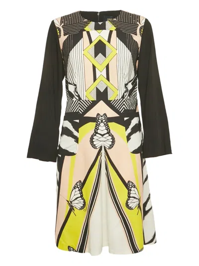 Pre-owned Cavalli Class Print Long-sleeve Midi Dress In Black