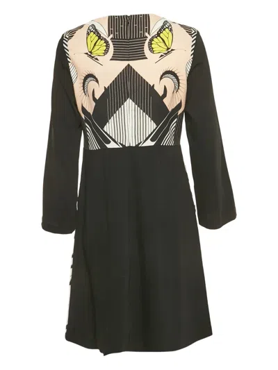 Pre-owned Cavalli Class Print Long-sleeve Midi Dress In Black