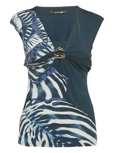 Pre-owned Roberto Cavalli Jersey Zebra Print Top In Blue