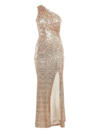 Pre-owned Badgley Mischka Sequined One-shoulder Gown In Gold