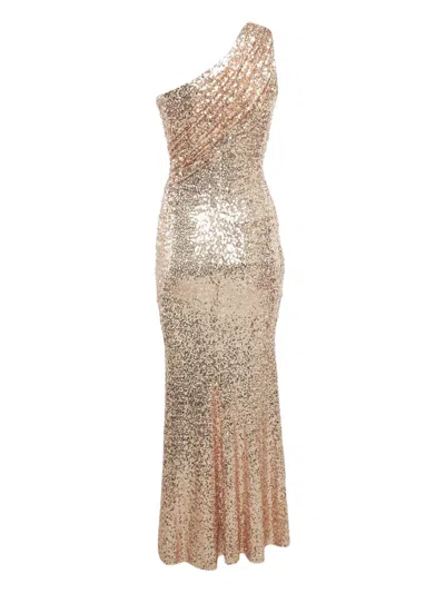 Pre-owned Badgley Mischka Sequined One-shoulder Gown In Gold