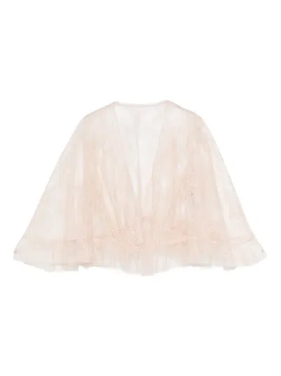 Alberta Ferretti Lace Cropped Top Sheer Flared Sleeves Drawstring In Neutral