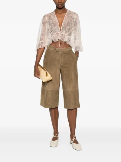 Alberta Ferretti Lace Cropped Top Sheer Flared Sleeves Drawstring In Neutral