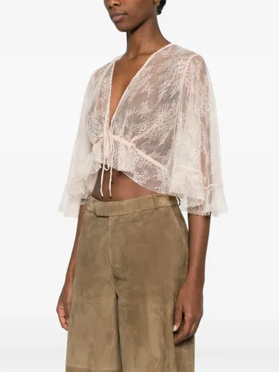 Alberta Ferretti Lace Cropped Top Sheer Flared Sleeves Drawstring In Neutral