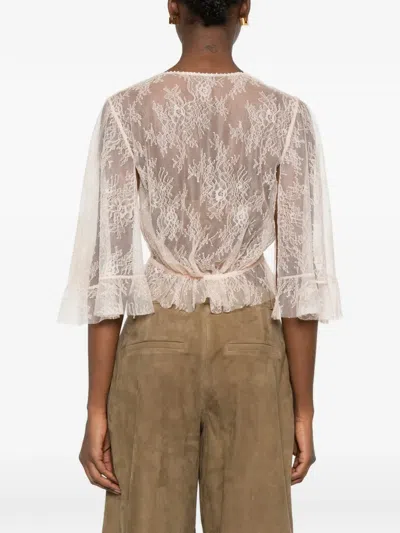 Alberta Ferretti Lace Cropped Top Sheer Flared Sleeves Drawstring In Neutral