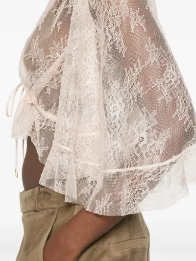 Alberta Ferretti Lace Cropped Top Sheer Flared Sleeves Drawstring In Neutral