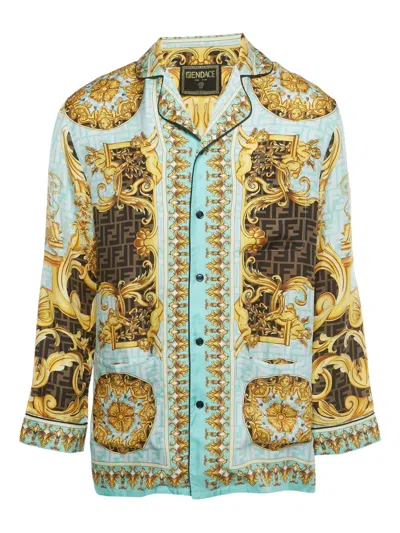 Pre-owned Fendi X Versage Baroque Aqua Silk Shirt In Blue