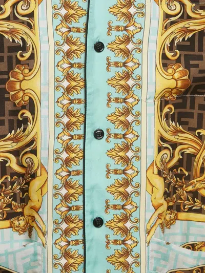 Pre-owned Fendi X Versage Baroque Aqua Silk Shirt In Blue