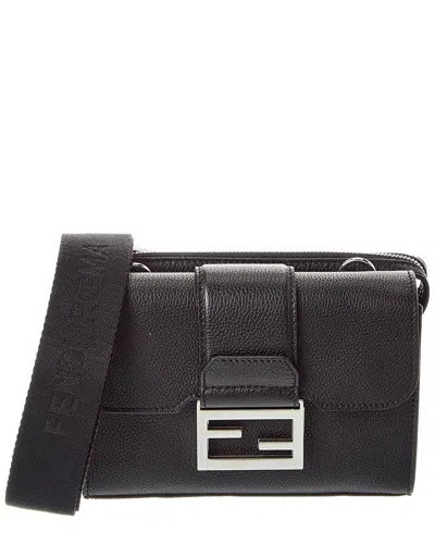 Fendi Baguette Double Leather Crossbody In Black