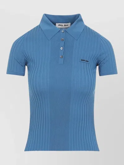 Miu Miu Short Sleeve Polo Shirt Ribbed Texture In Blue