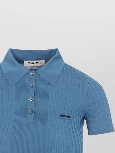 Miu Miu Short Sleeve Polo Shirt Ribbed Texture In Blue
