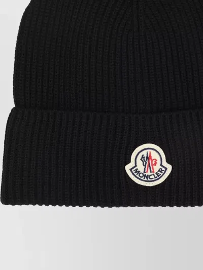 Moncler Ribbed Texture Wool Hat Winter Style In Black