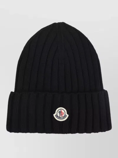 Moncler Logo Patch Cuff Virgin Wool Rib Beanie In Black