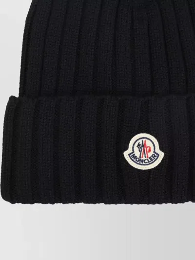 Moncler Logo Patch Cuff Virgin Wool Rib Beanie In Black