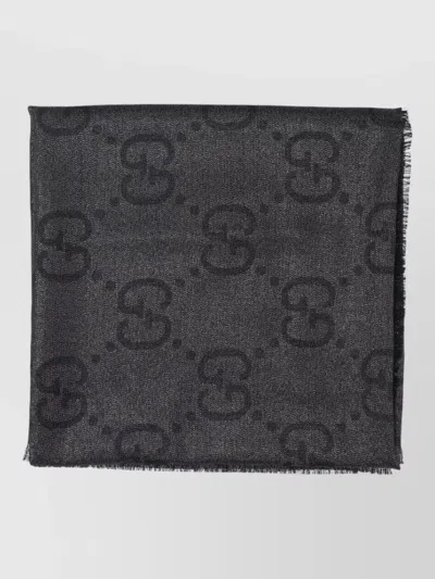 Gucci Rectangular Scarf Long Design Fringed Edges In Black