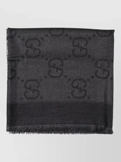 Gucci Rectangular Scarf Long Design Fringed Edges In Black