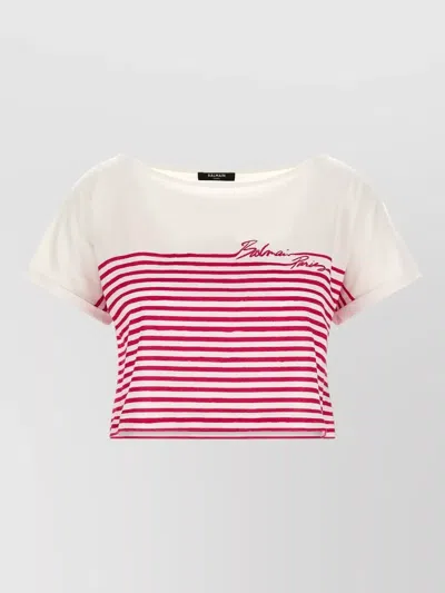 Balmain Fuchsia Cropped T-shirt In Pink