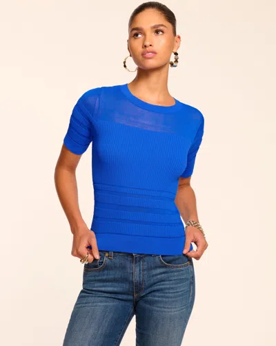 Ramy Brook Torin Sheer Panel Short Sleeve Sweater In Blue
