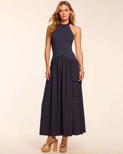 Ramy Brook Simonne Cotton Knit Combo Halter Maxi Dress In Blue