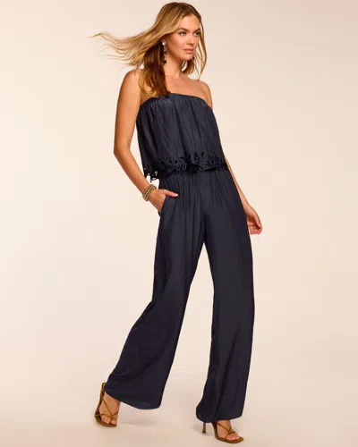 Ramy Brook Christiana Smocked Embellished Strapless Jumpsuit In Blue