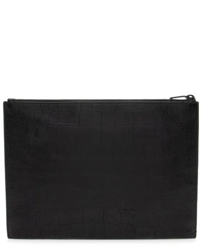 Saint Laurent Black Croc-embossed Leather Monogram Large Zip Pouch (authentic Pre-loved)