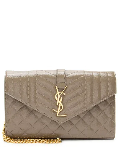 Saint Laurent Beige Matelasse Leather Monogram Chain Wallet (authentic Pre-loved) In Brown