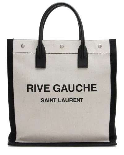 Saint Laurent Beige, Black Calfskin & Linen Rive Gauche N/s Tote (authentic Pre-loved) In White