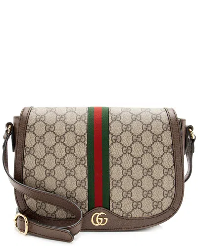 Gucci Beige, Brown Gg Supreme Coated Canvas & Leather Ophidia Flap Messenger Bag (authentic Pre-love In Brown