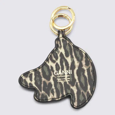 Ganni Black Leather Keyring In Yellow