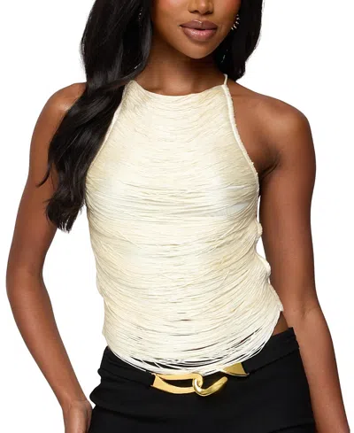 Edikted Kalana Crisscross Backless Fringed Top In Neutral