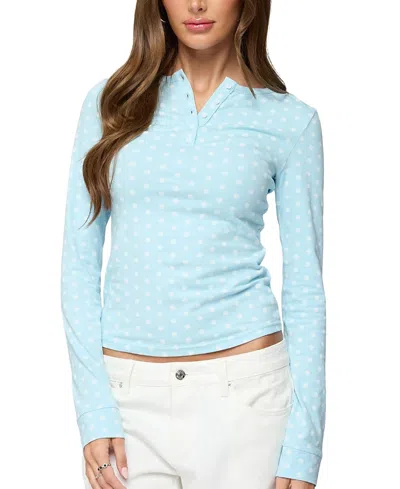 Edikted Keana Polka Dot Henley Top In Blue