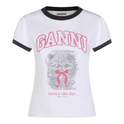 Ganni Women White Crewneck T-shirt With Maxi Print On The Front In Cotton Woman In Multi