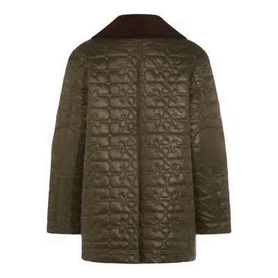 Ganni Down Jacket Corduroy Collar Front Pockets In Green
