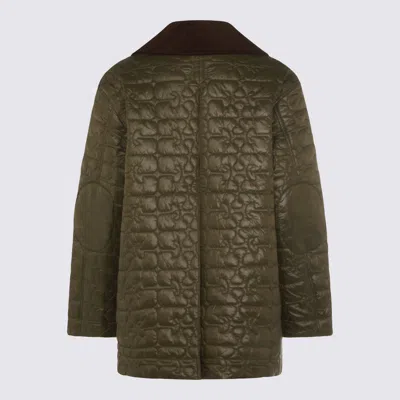 Ganni Down Jacket Corduroy Collar Front Pockets In Green