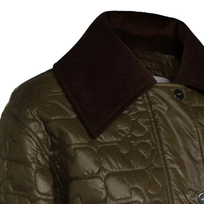 Ganni Down Jacket Corduroy Collar Front Pockets In Green