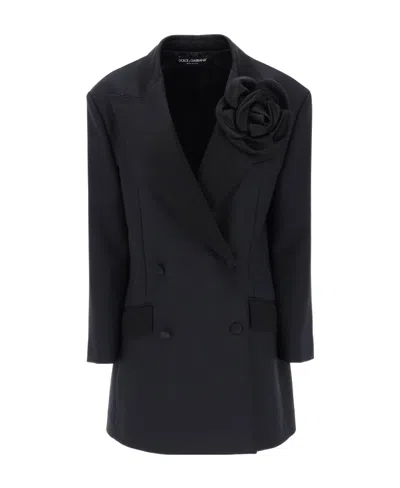 Dolce & Gabbana Floral-appliqué Wide-lapels Blazer In Black