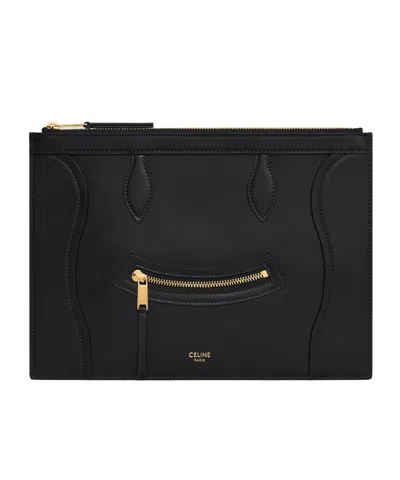 Celine Medium Pouch In Glossy Calfskin In Black