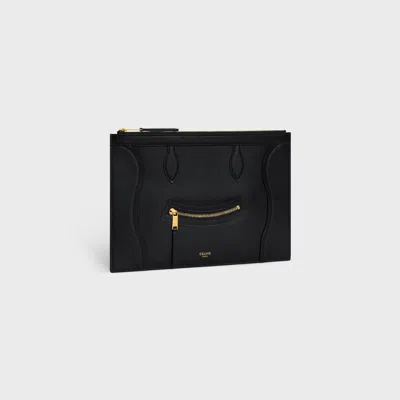 Celine Medium Pouch In Glossy Calfskin In Black