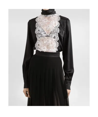 Dolce & Gabbana Lace Panel Blouse High Neck Long Sleeves In Black