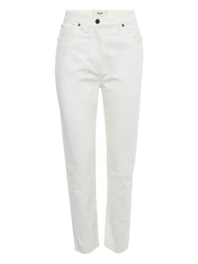 Pre-owned Fendi Embossed Logo Denim Trousers In White