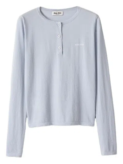 Miu Miu Three-button Logo-detail Long-sleeved T-shirt In Blue