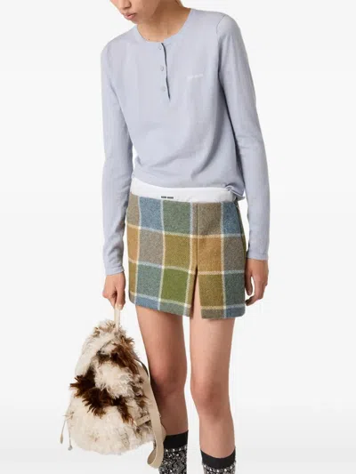 Miu Miu Three-button Logo-detail Long-sleeved T-shirt In Blue