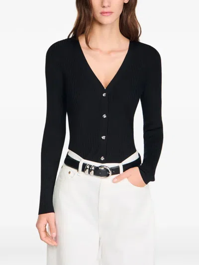 Sandro Ribbed Cardigan With Fancy Buttons In Black