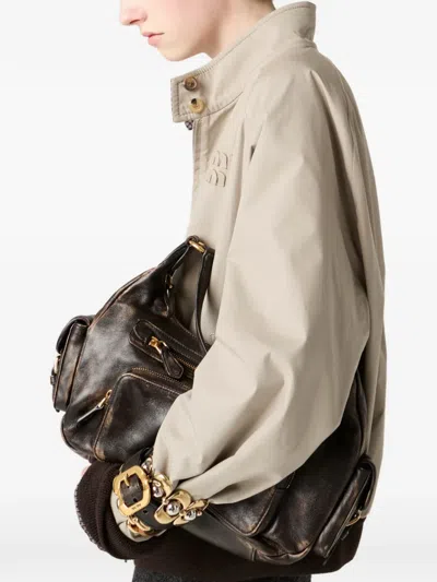 Miu Miu Reversible Houndstooth Check And Panama Cotton Blouson Jacket In Brown