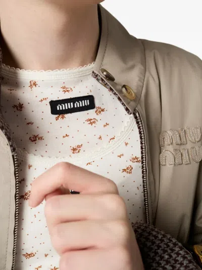 Miu Miu Reversible Houndstooth Check And Panama Cotton Blouson Jacket In Brown