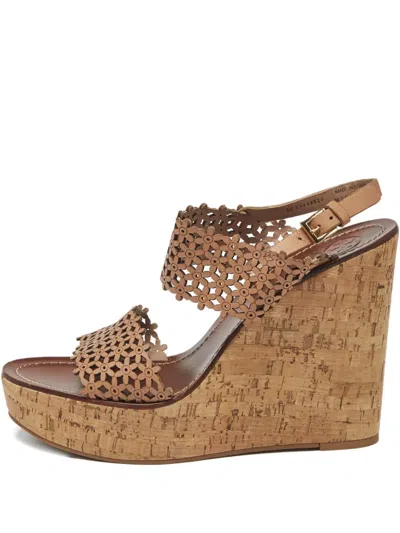 Pre-owned Tory Burch Perforated Leather Wedge Sandals In Neutral