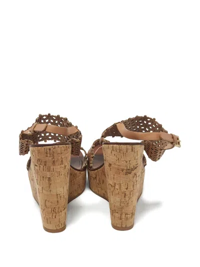 Pre-owned Tory Burch Perforated Leather Wedge Sandals In Neutral